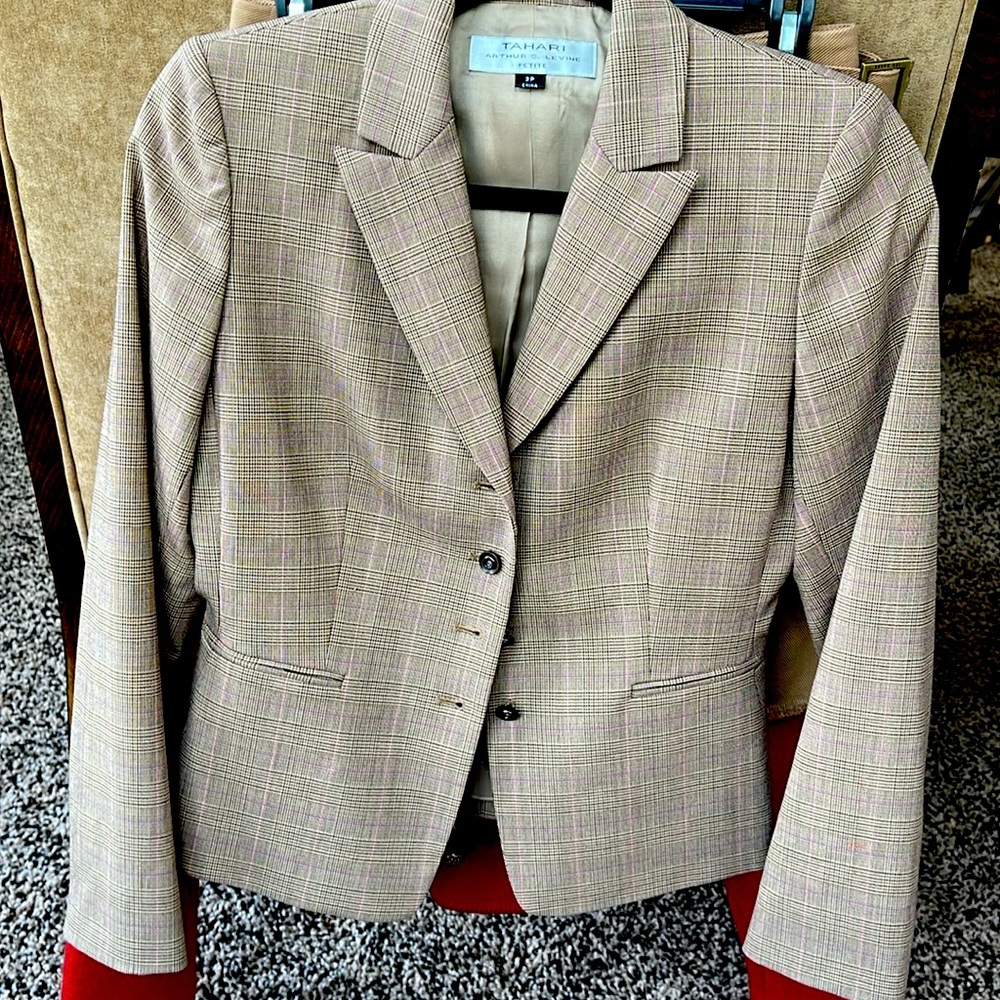 Tahari Plaid Blazer in Beige with Pink Accents